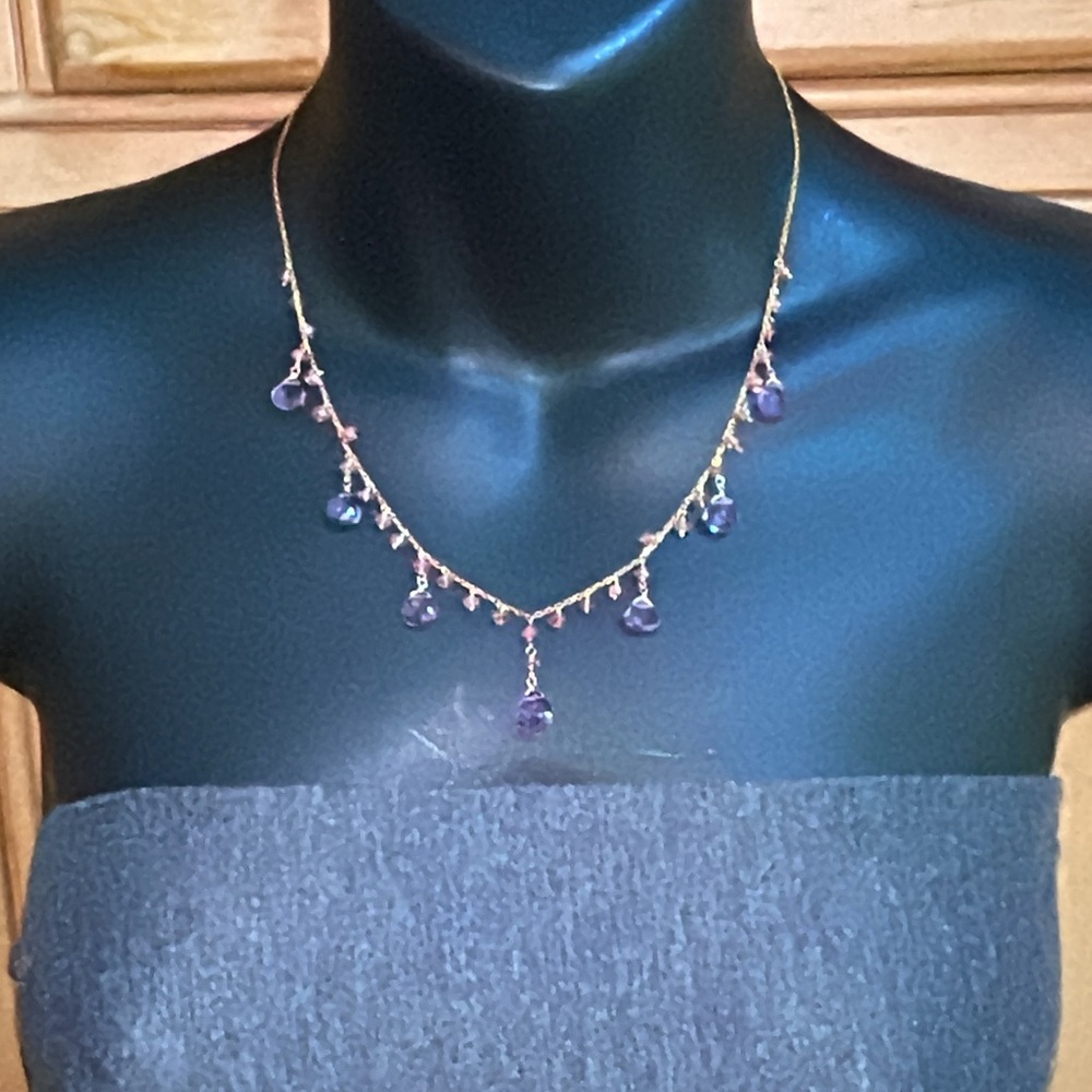 Solid 14K Rose Gold Amethyst Rose Quartz Briolette Drop Dangle Charms Necklace